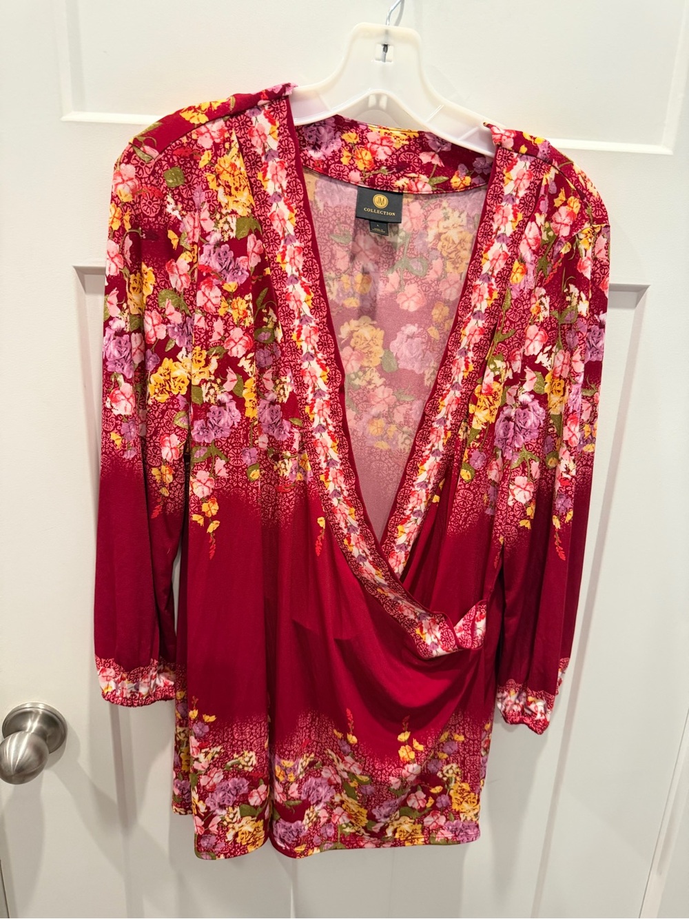 JM Collection Floral Faux Wrap Top Large Burgundy Pink Long Sleeve Blouse